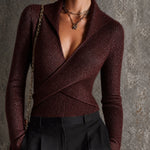 ElevenOra Chic Claret V-Neck Cross-Detail Long-Sleeve Slim-Fit Sweater Top