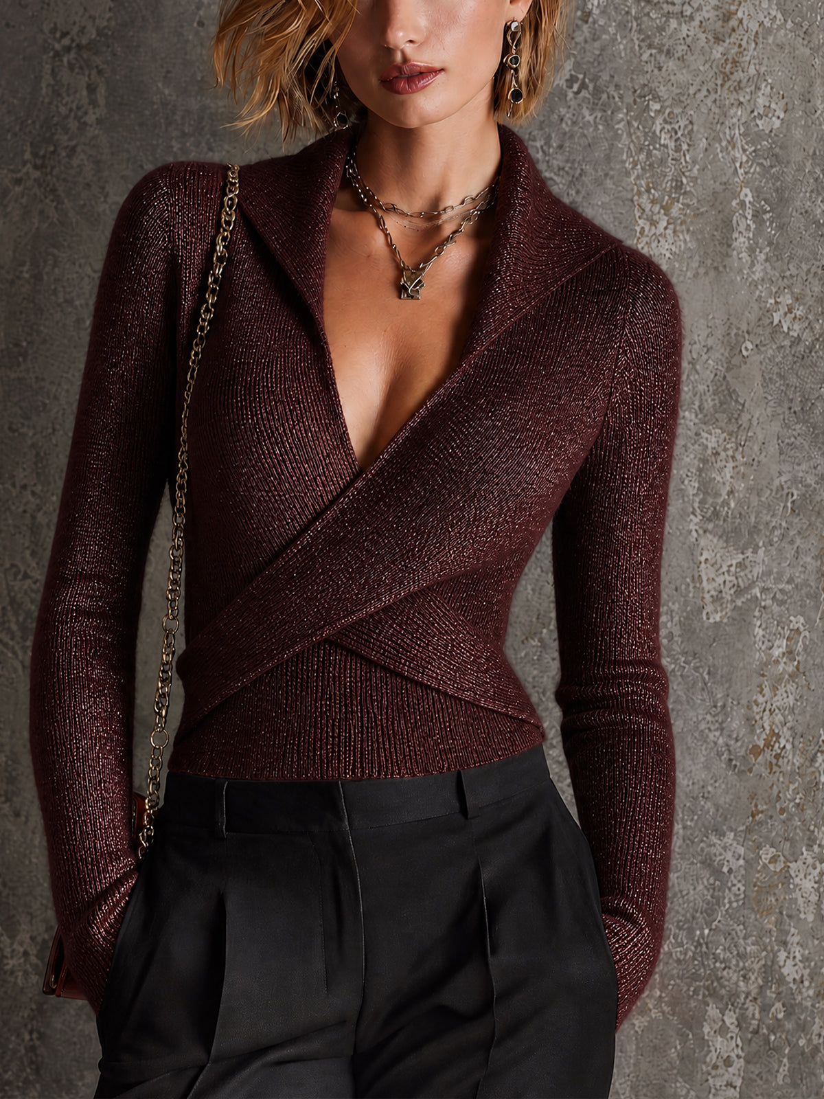 ElevenOra Chic Claret V-Neck Cross-Detail Long-Sleeve Slim-Fit Sweater Top