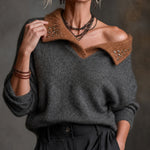 ElevenOra Chic Casual Dark Gray-Camel Colorblock Lapel Beading-Details Long Sleeve Loose-Fit Knit Sweater