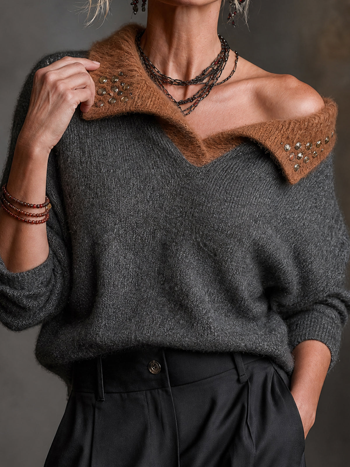 ElevenOra Chic Casual Dark Gray-Camel Colorblock Lapel Beading-Details Long Sleeve Loose-Fit Knit Sweater