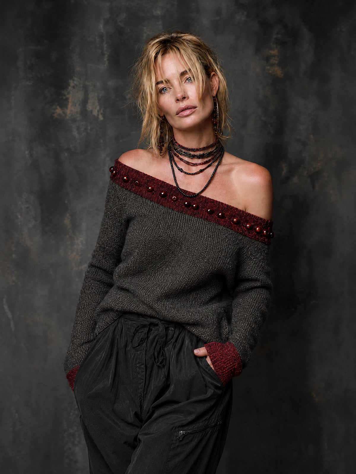 ElevenOra Chic Casual Dark Gray-Claret Colorblock Off-Shouder Beading-Details Long Sleeve Regular Fit Knit Sweater Top