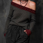 ElevenOra Chic Casual Dark Gray-Claret Colorblock Off-Shouder Beading-Details Long Sleeve Regular Fit Knit Sweater Top