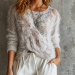 ElevenOra Chic White Rould-Neck Cross-Detail Long-Sleeve Loose-Fit Fuzzy Sweater Top