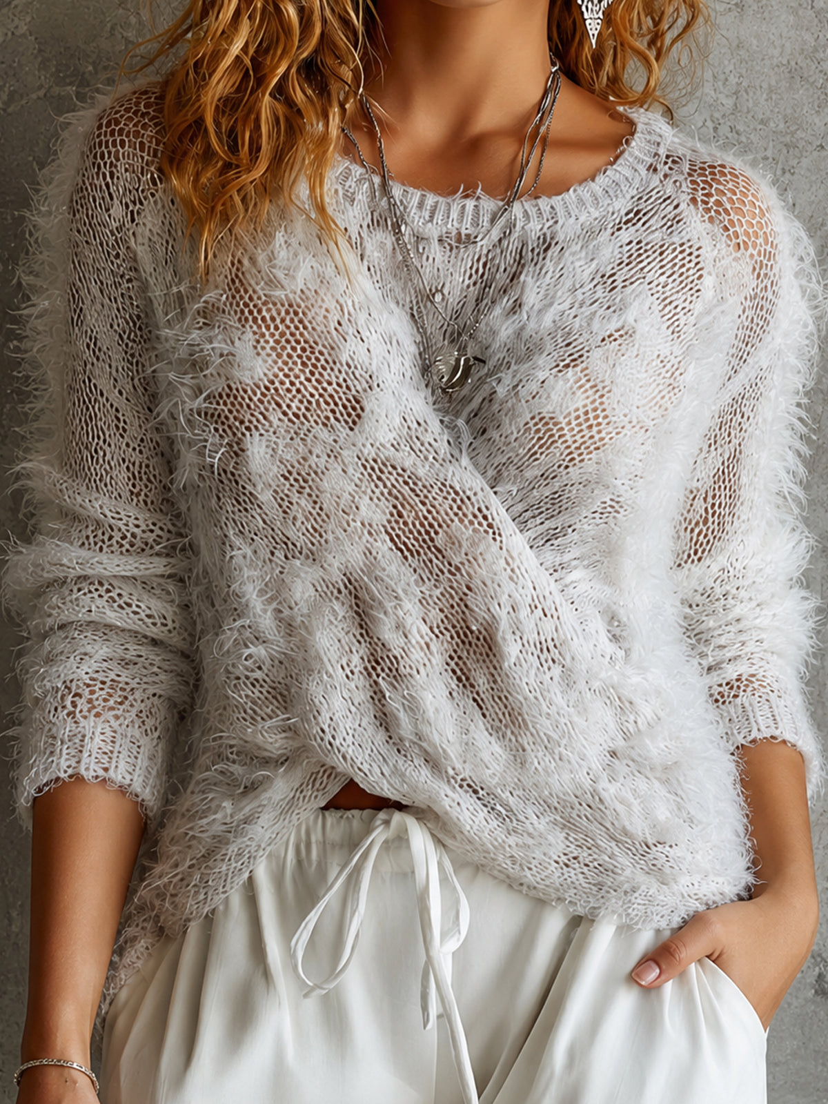 ElevenOra Chic White Rould-Neck Cross-Detail Long-Sleeve Loose-Fit Fuzzy Sweater Top