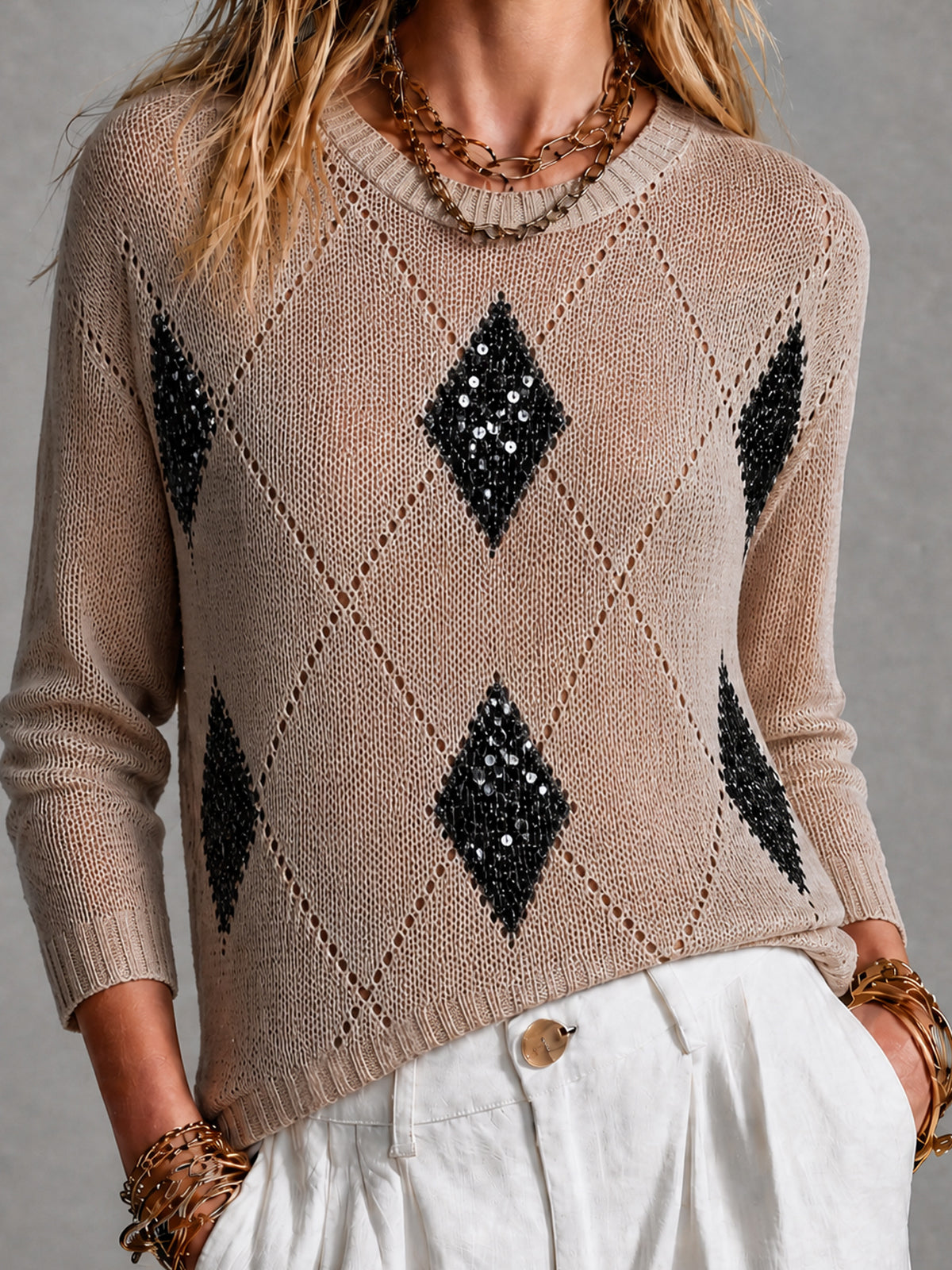ElevenOra Chic Camel-Black ColorBlock Argyle Acquard Round-Neck Long-Sleeve Loose-Fit Mesh Sweater Top