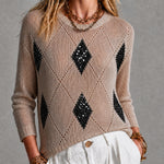 ElevenOra Chic Camel-Black ColorBlock Argyle Acquard Round-Neck Long-Sleeve Loose-Fit Mesh Sweater Top