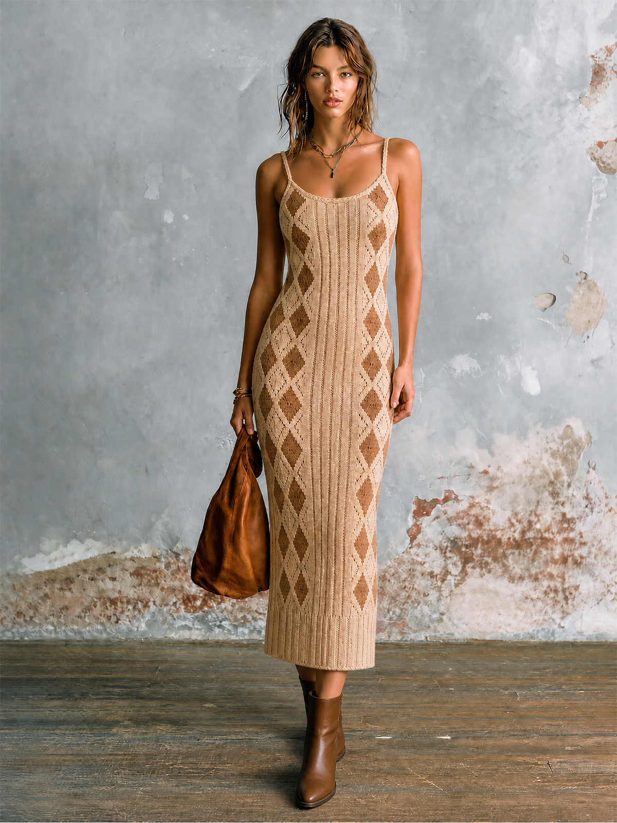 ElevenOra Chic Elegant Beige Spaghetti Straps U-Neck Contrast TrimArgyle Diamond Jacquard Sleeveless Slim-Fit Knit Midi Dress