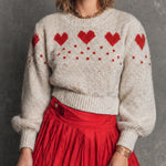 ElevenOra Chic Casual Off-White Round Neck Red Heart Jacquard Long Sleeve Puff Rugelur-Fit Knit Sweater Top