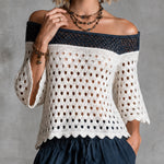 ElevenOra Chic White-Navy Blue Colorblock Off-Shoulder Three-Quarter Bell Sleeve Rugelur-Fit  Mesh Knit Sweater Top