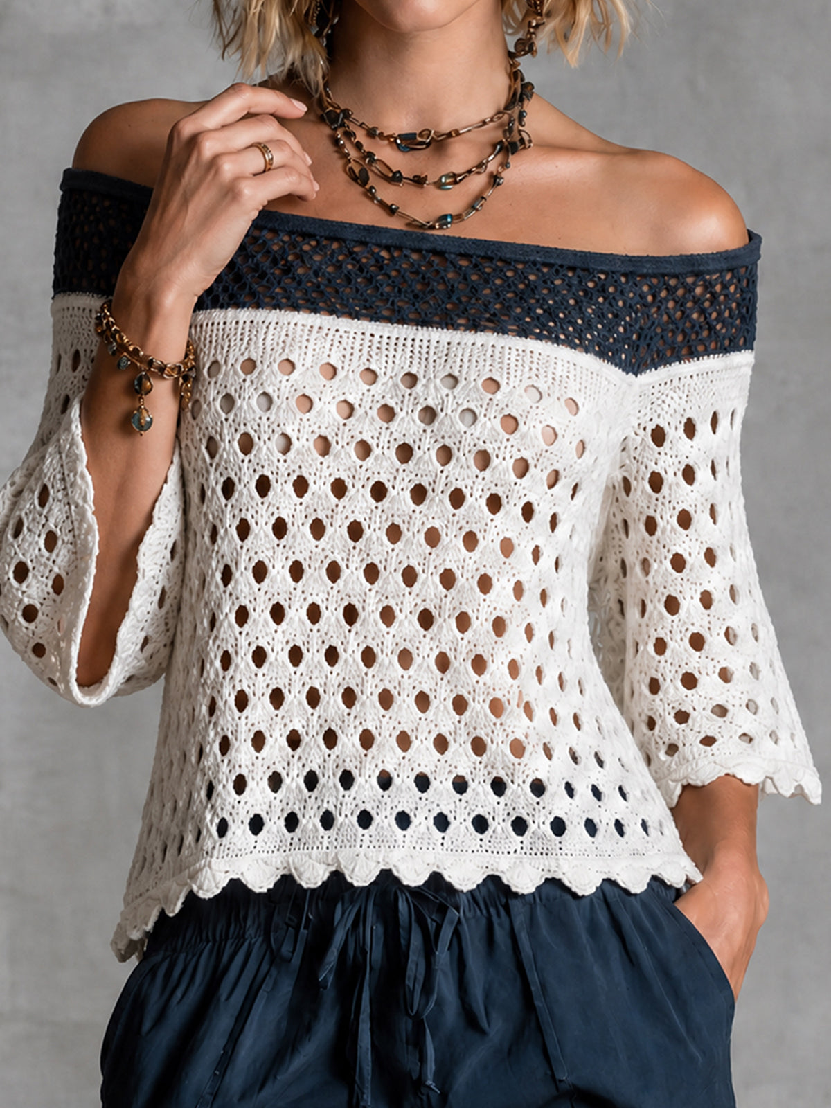 ElevenOra Chic White-Navy Blue Colorblock Off-Shoulder Three-Quarter Bell Sleeve Rugelur-Fit  Mesh Knit Sweater Top