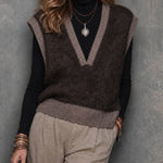 ElevenOra Chic Brown-Gray Brown Colorblock V-Neck Sleeveless Loose-Fit Knit Vest Top