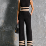 ElevenOra Chic Elegant Black Mock Neck Contrast Trim Sleeveless Slim-Fit Wide Leg Ribbed Knit Jumpsuit