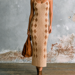 ElevenOra Chic Elegant Beige Spaghetti Straps U-Neck Contrast TrimArgyle Diamond Jacquard Sleeveless Slim-Fit Knit Midi Dress
