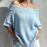 ElevenOra Chic Elegant Light Blue Cotton Blend Off-The-Shoulder Half-Sleeve Loose-Fit Cable-Knit Sweater
