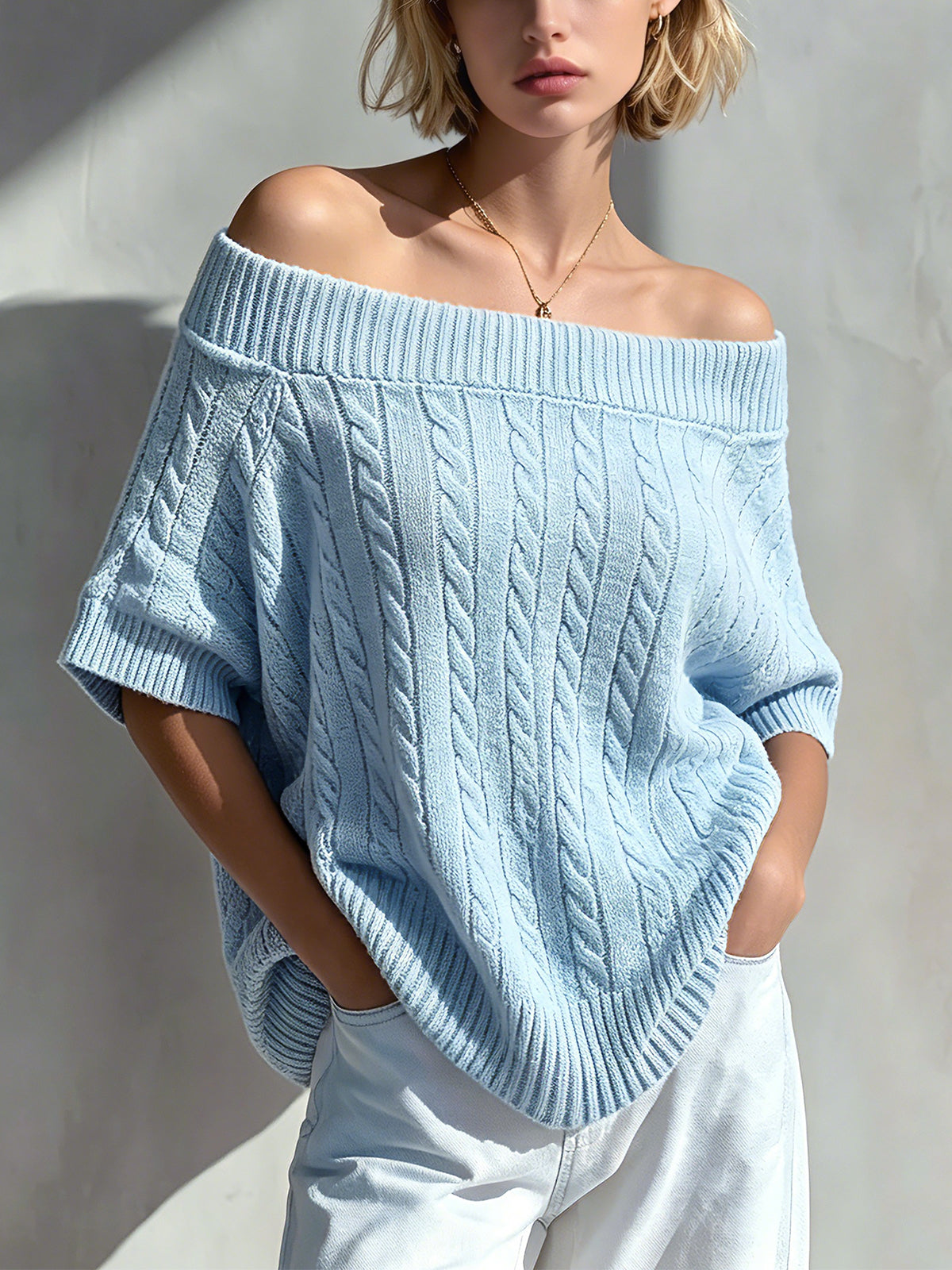 ElevenOra Chic Elegant Light Blue Cotton Blend Off-The-Shoulder Half-Sleeve Loose-Fit Cable-Knit Sweater