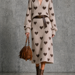 ElevenOra Chic Elegant Beige Lapel-Collar V-Neck Brown Heart Jacquard Long Sleeve Loose-Fit Leather Belt Knit Midi Dress