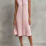 ElevenOra Chic Elegant Pink Round-Neck Sleeveless Single-Breasted Burgundy Trim Detail A-Line Knit Midi Dress