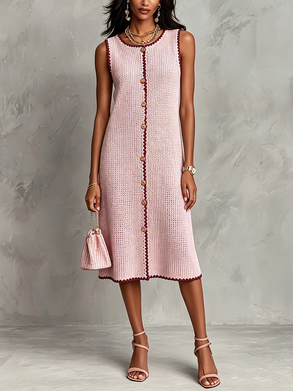 ElevenOra Chic Elegant Pink Round-Neck Sleeveless Single-Breasted Burgundy Trim Detail A-Line Knit Midi Dress