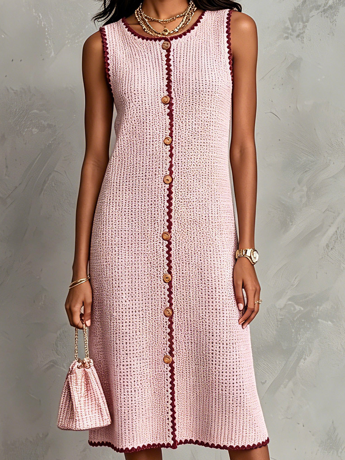 ElevenOra Chic Elegant Pink Round-Neck Sleeveless Single-Breasted Burgundy Trim Detail A-Line Knit Midi Dress