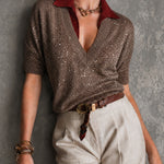 ElevenOra Chic Brown V-Neck Half Sleeve Loose-Fit Knit Sweater Top Shirt Excluded