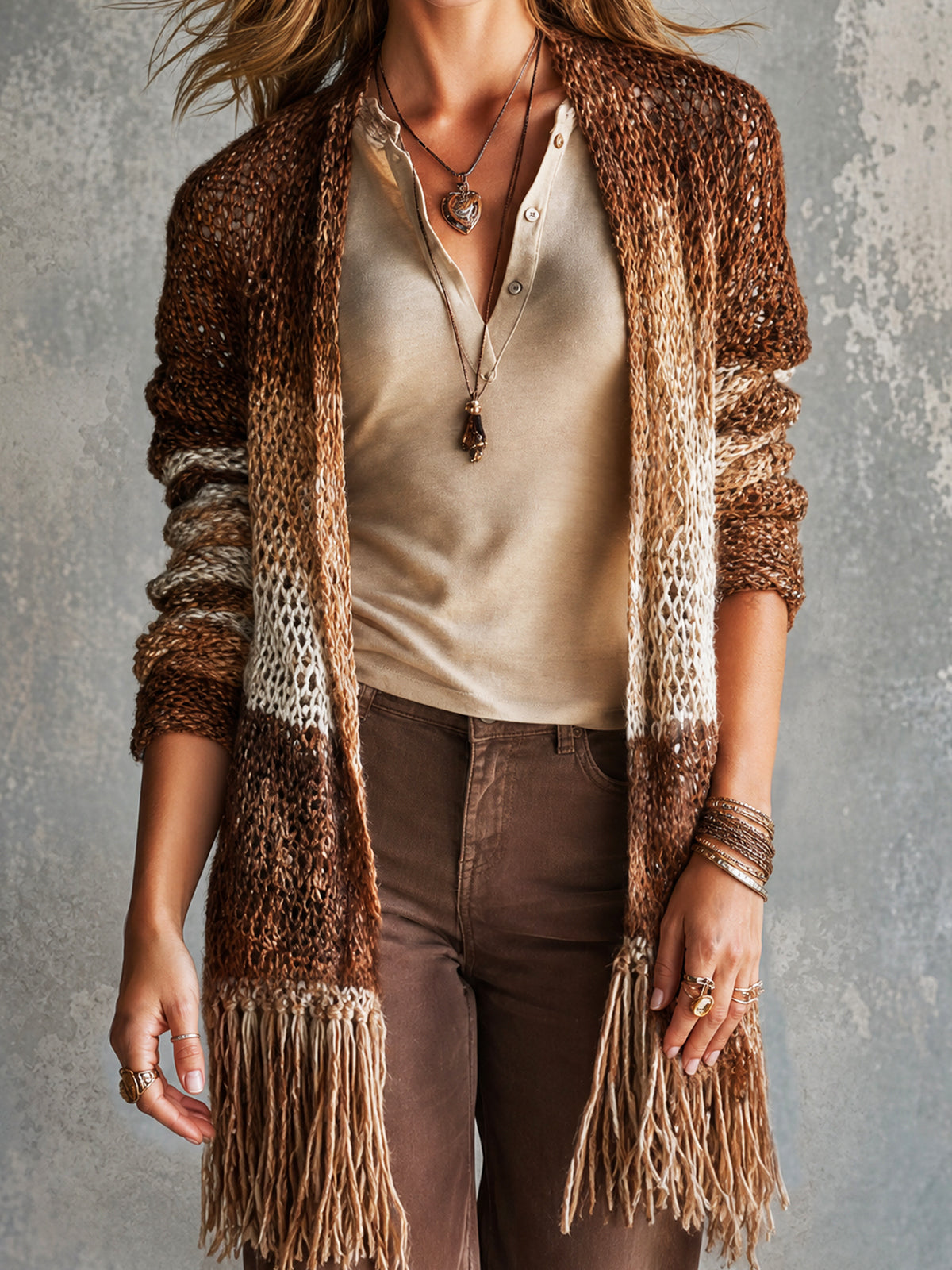 ElevenOra Chic Brown-Caramel Gradient Fringe Details Long Sleeved Loose-Fit Knit Cardigan