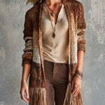 ElevenOra Chic Brown-Caramel Gradient Fringe Details Long Sleeved Loose-Fit Knit Cardigan