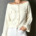ElevenOra Chic Elegant Cream White Off-The-Shoulder Long-Flare-Sleeve Single-Breasted Flap Pockets Soft Ribbed Knit Cardigan