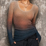 ElevenOra Chic Caramel-Deep Blue Round-Neck Gradient Long Sleeved Slim-Fit Knit Sweater Top