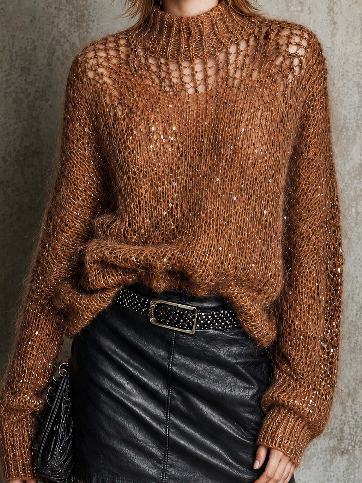 ElevenOra Chic Caramel Turtleneck Long Sleeved Loosen-Fit Knit Sweater Top