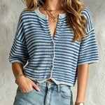 ElevenOra Chic Elegant Blue Stripes Round-Neck Dropped Shoulder Short-Sleeve Single-Breasted Knit Cropped Cardigan Top