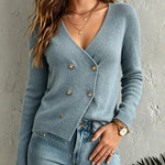 ElevenOra Chic Elegant Dusty Blue V-Neck Long-Sleeve Double-Breasted Loose-Fit Soft Knit Cardigan Top