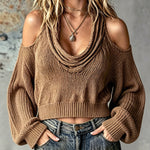 ElevenOra Chic Elegant Camel Cowl-Neck Long-Lantern-Sleeve Shoulder-Cutout Loose-Fit Soft Knit Cropped Sweater