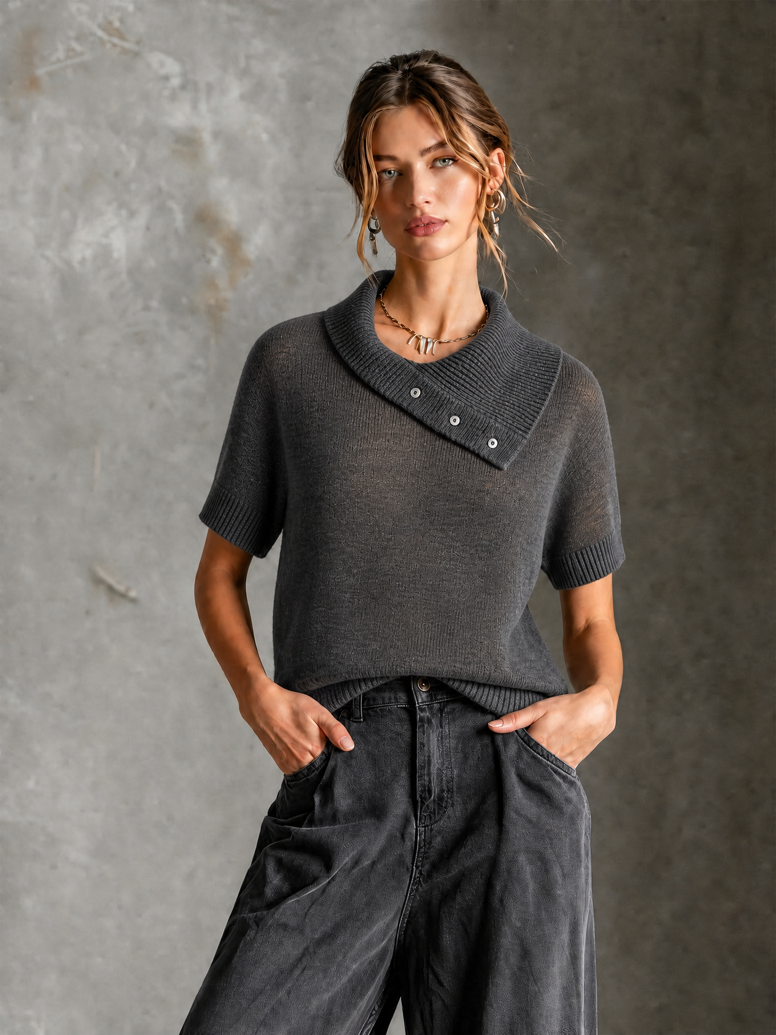 ElevenOra Chic Casual Charcoal Gray Asymmetrical Wrap Collar Short Sleeve Loose-Fit Knit Sweater Top