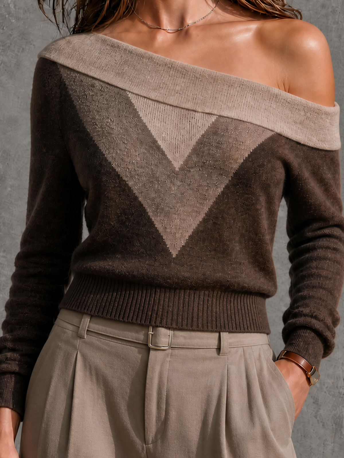 ElevenOra Chic Casual Beige-Camel-Brown Colorblock Off Shoulder Long Sleeve Slim-Fit Knit Sweater Top