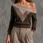 ElevenOra Chic Casual Beige-Camel-Brown Colorblock Off Shoulder Long Sleeve Slim-Fit Knit Sweater Top