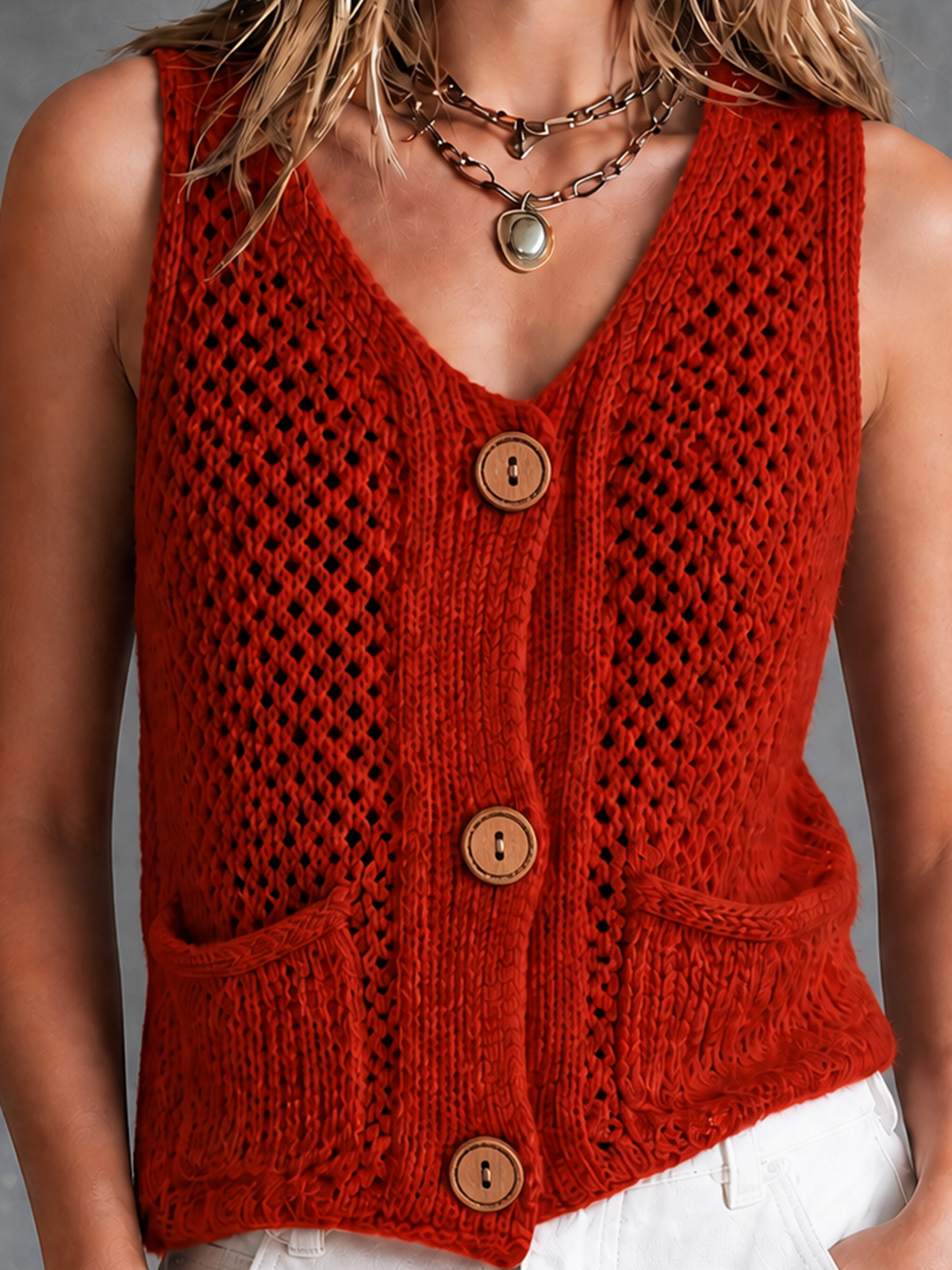 ElevenOra Chic Casual Red V-Neck Single-Breasted Patch Pockets Sleeveless Hollow-Out Knit Vest Top