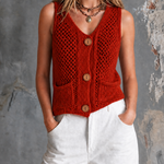ElevenOra Chic Casual Red V-Neck Single-Breasted Patch Pockets Sleeveless Hollow-Out Knit Vest Top