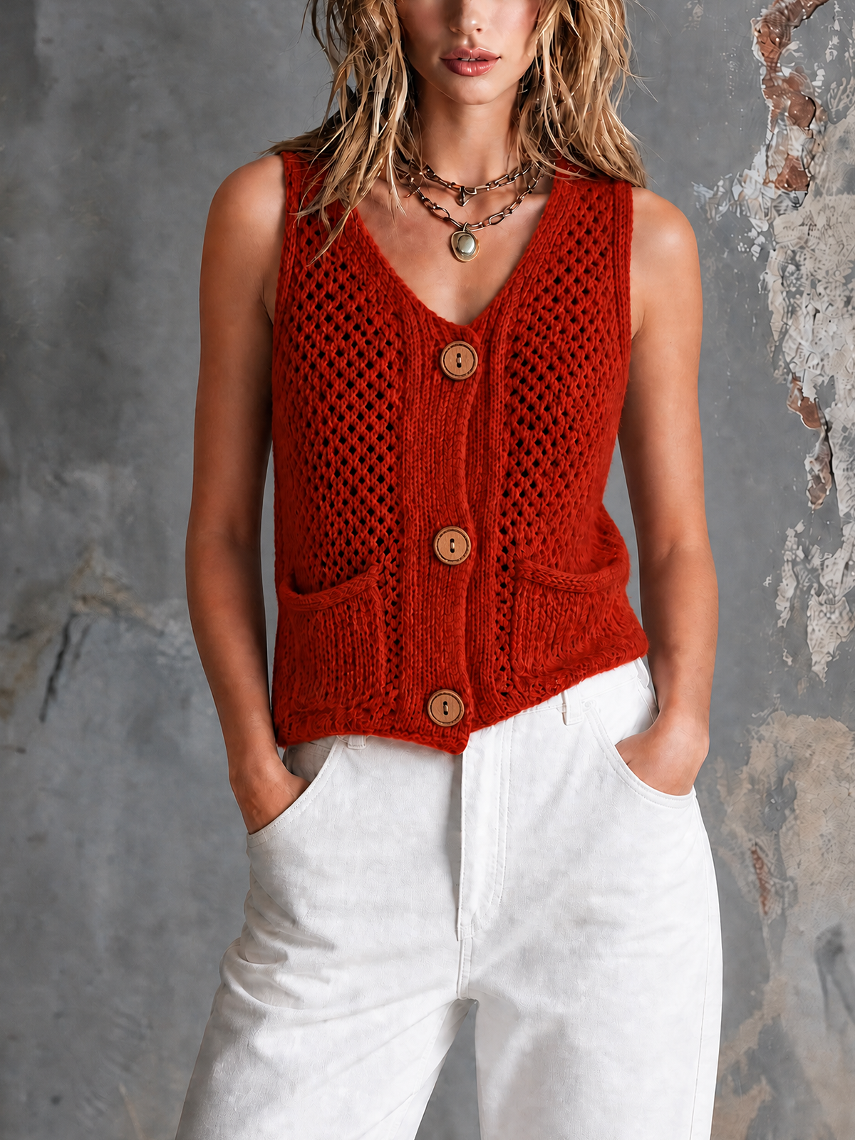 ElevenOra Chic Casual Red V-Neck Single-Breasted Patch Pockets Sleeveless Hollow-Out Knit Vest Top