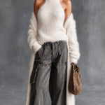 ElevenOra Chic White Turtleneck Vest Long-Sleeve Mid-Length Loose Fit Cardigan Fuzzy Knit Two-Piece Set