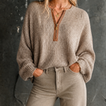 ElevenOra Chic Casual Beige Contrast Suede Half-Zipper Long Sleeve Loose-Fit Knit Sweater Top