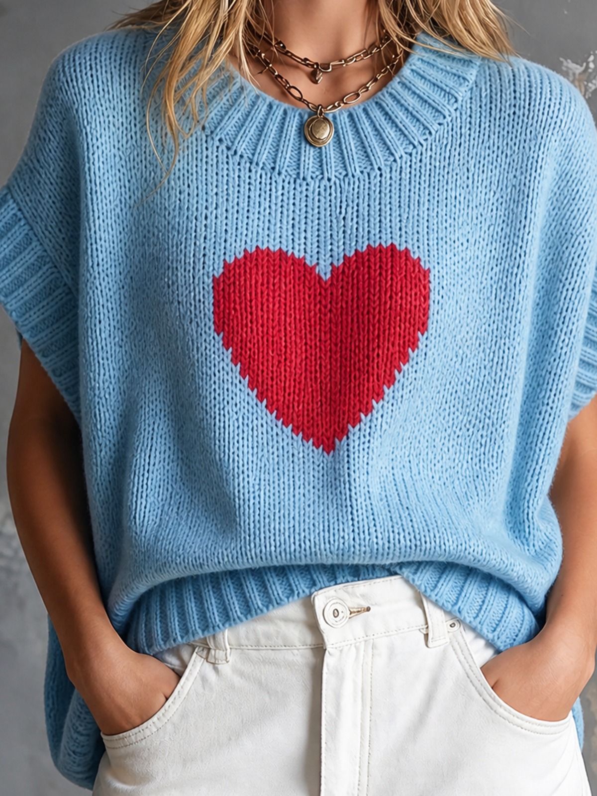 ElevenOra Chic Casual Light Blue Round-Neck Red Heart Jacquard Short-Sleeve Loose-Fit Knit Sweater Top