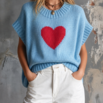 ElevenOra Chic Casual Light Blue Round-Neck Red Heart Jacquard Short-Sleeve Loose-Fit Knit Sweater Top