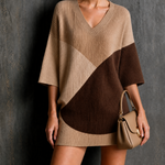 ElevenOra Chic Elegant Beige-Camel-Brown Colorblock V-Neck Half-Sleeve Loose-Fit Ribbed Knit Mini Dress