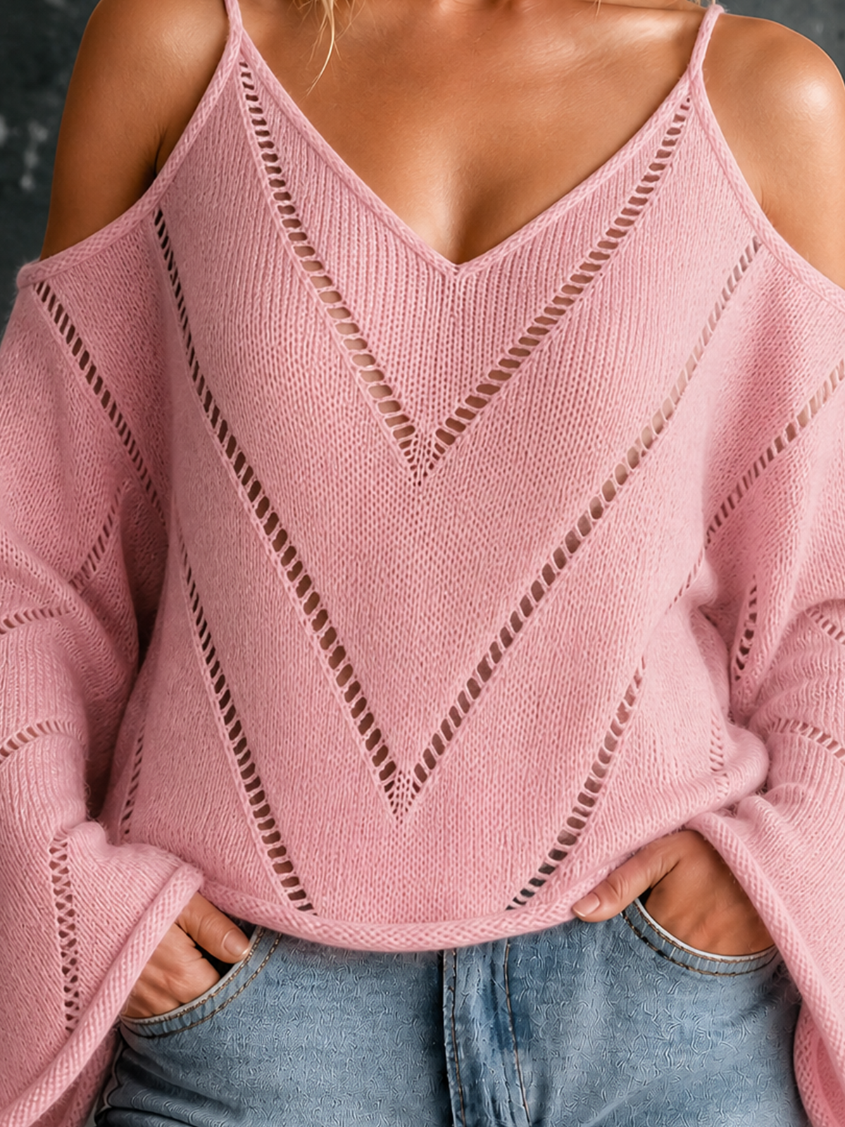 ElevenOra Chic Casual Pink Spaghetti Straps Cold Shoulder V Neck Hollow-Out Detail Long Bell Sleeves Loose-Fit Knit Sweater Top