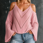 ElevenOra Chic Casual Pink Spaghetti Straps Cold Shoulder V Neck Hollow-Out Detail Long Bell Sleeves Loose-Fit Knit Sweater Top