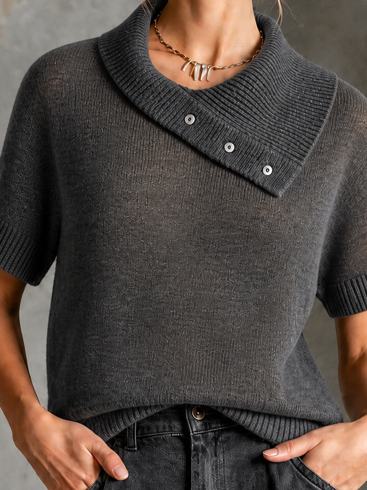 ElevenOra Chic Casual Charcoal Gray Asymmetrical Wrap Collar Short Sleeve Loose-Fit Knit Sweater Top