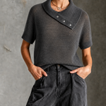 ElevenOra Chic Casual Charcoal Gray Asymmetrical Wrap Collar Short Sleeve Loose-Fit Knit Sweater Top
