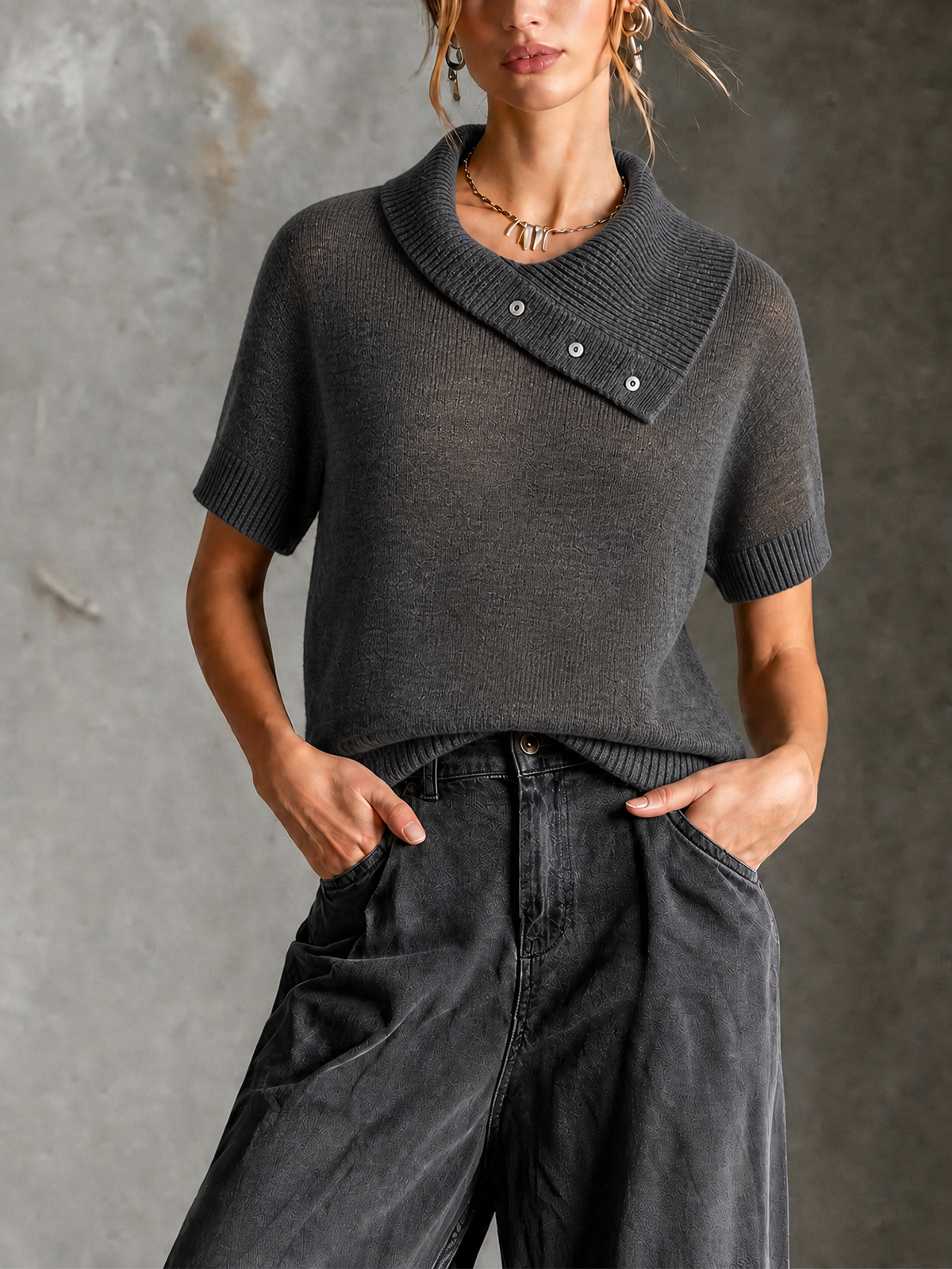 ElevenOra Chic Casual Charcoal Gray Asymmetrical Wrap Collar Short Sleeve Loose-Fit Knit Sweater Top