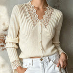 ElevenOra Chic Elegant Cream White V-Neck Long-Sleeve Lace Detail Slim-Fit Single-Breasted Ribbed Knit Cardigan