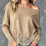 ElevenOra Chic Elegant Camel Off-The-Shoulder Long-Sleeve Lace Hem Detail Slim-Fit Soft Knit Sweater